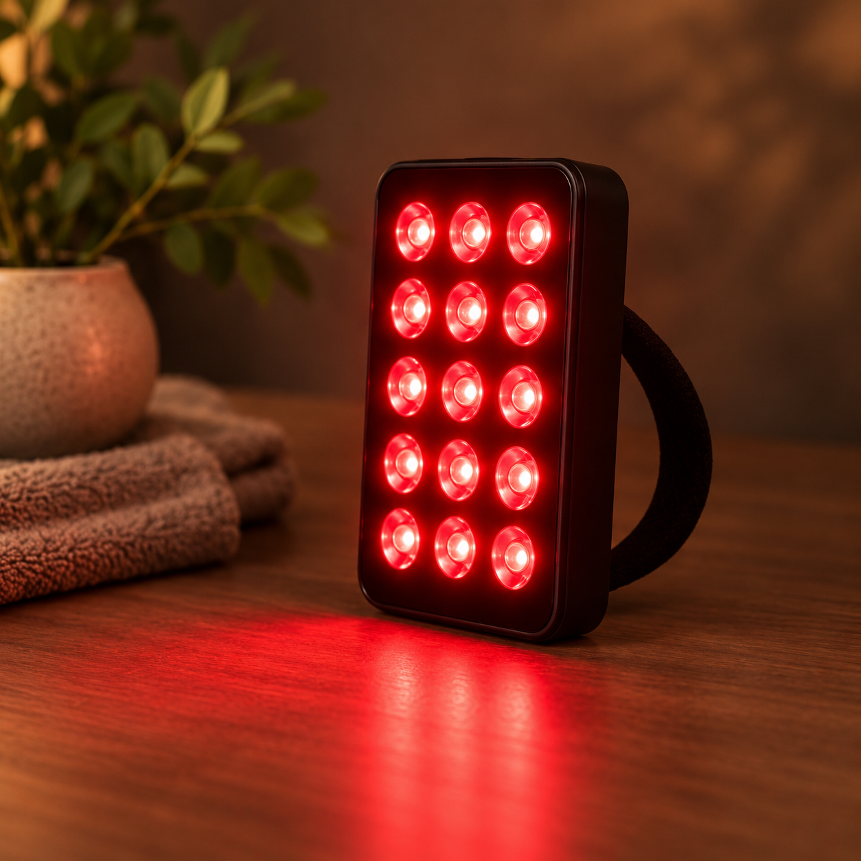 Deep Dose Pro glowing red on a wooden surface